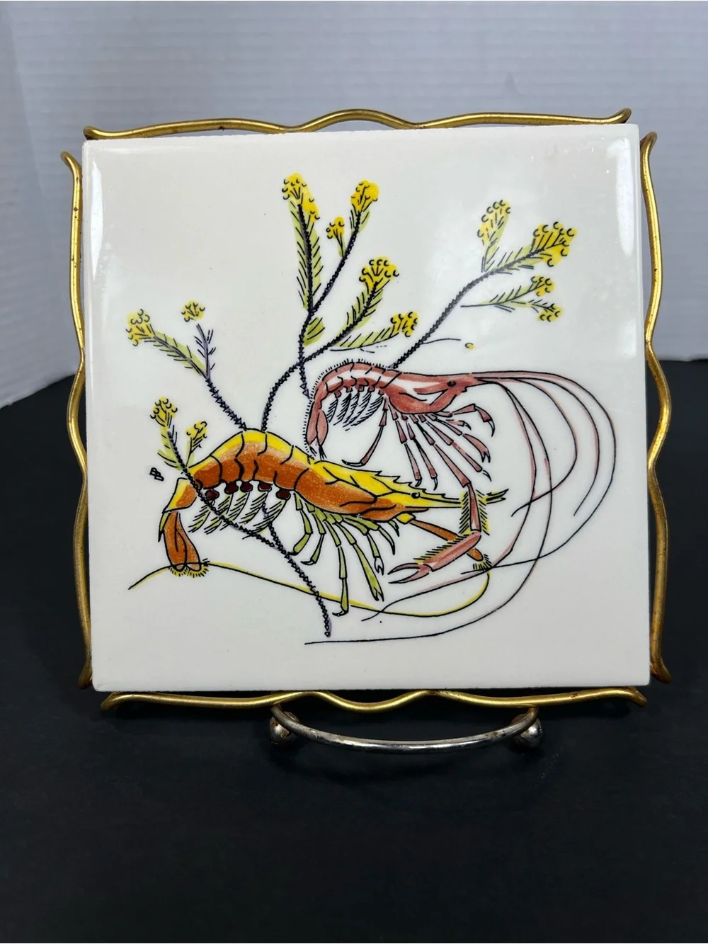 Vintage Gien France Grands Crustaces Lobster Ceramic Tile Trivet Gold Tone Frame
